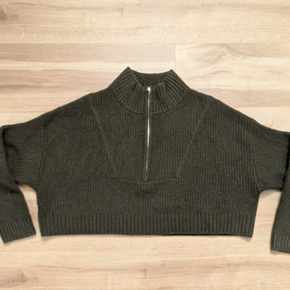 STAUD Hampton 100% Cashmere Half Zip Sweater Medium Olive Green Luxury Knit